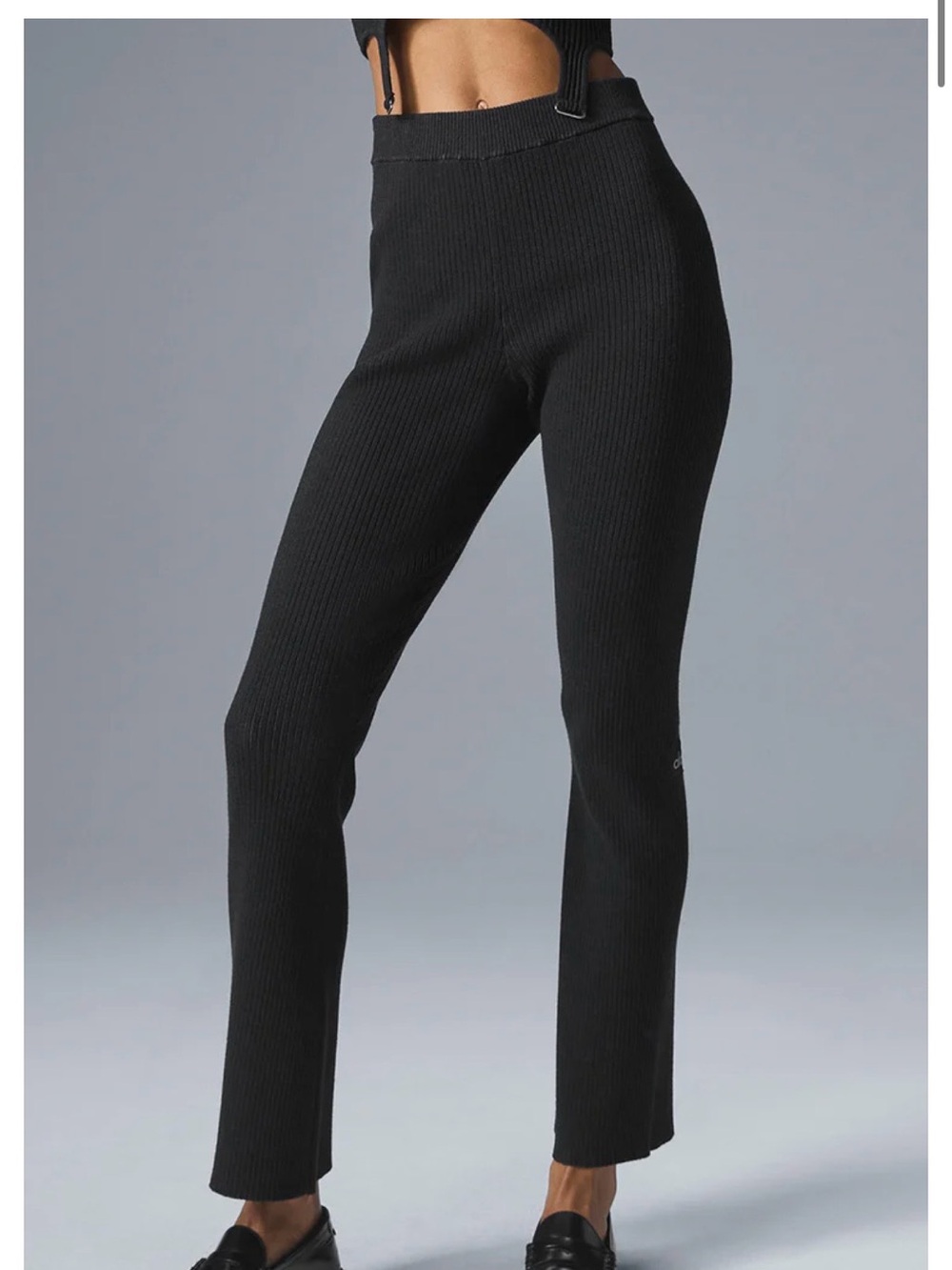 Alo Black Ribbed Knit Flared Pants - Picture 5 of 5